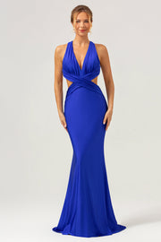 Vestido de dama de honor largo fruncido con cuello en V azul real
