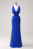 Vestido de dama de honor largo fruncido azul real
