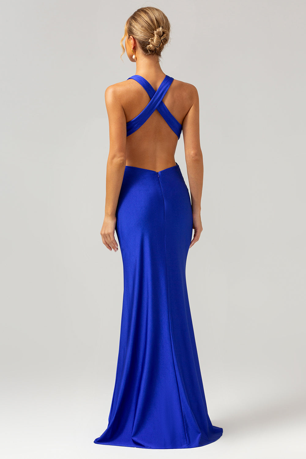 Vestido de dama de honor largo fruncido con cuello en V azul real