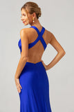 Vestido de dama de honor largo fruncido con cuello en V azul real