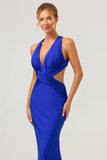 Vestido de dama de honor largo fruncido con cuello en V azul real