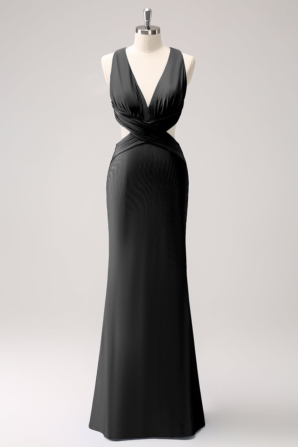 Vestido de dama de honor largo fruncido con cuello en V azul real