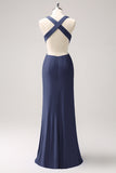 Vestido de dama de honor largo fruncido con cuello en V azul real
