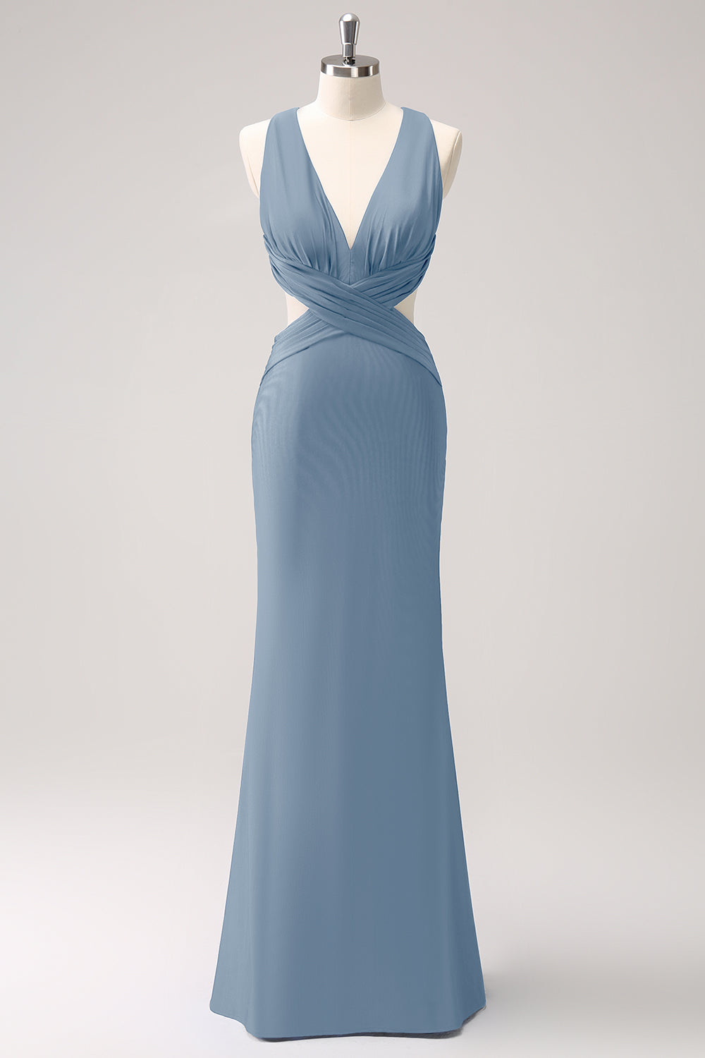 Vestido de dama de honor largo fruncido con cuello en V azul real