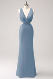 Vestido de dama de honor largo fruncido con cuello en V azul real