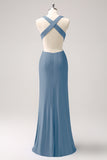 Vestido de dama de honor largo fruncido con cuello en V azul real