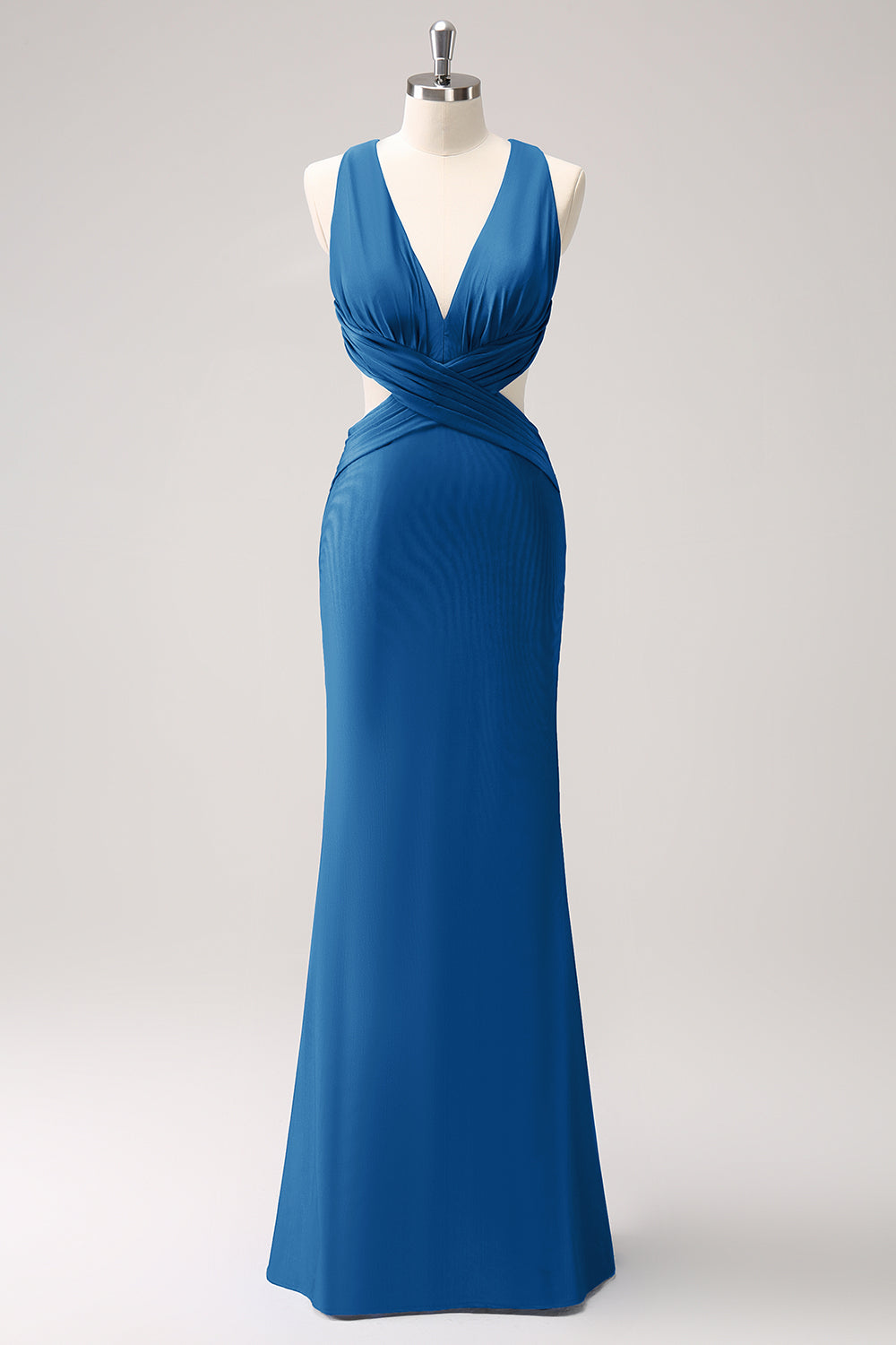 Vestido de dama de honor largo fruncido con cuello en V azul real