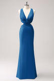 Vestido de dama de honor largo fruncido con cuello en V azul real