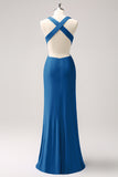 Vestido de dama de honor largo fruncido con cuello en V azul real
