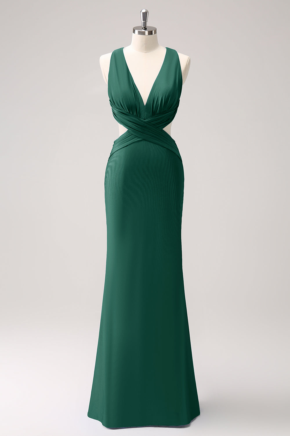 Vestido de dama de honor largo fruncido con cuello en V azul real