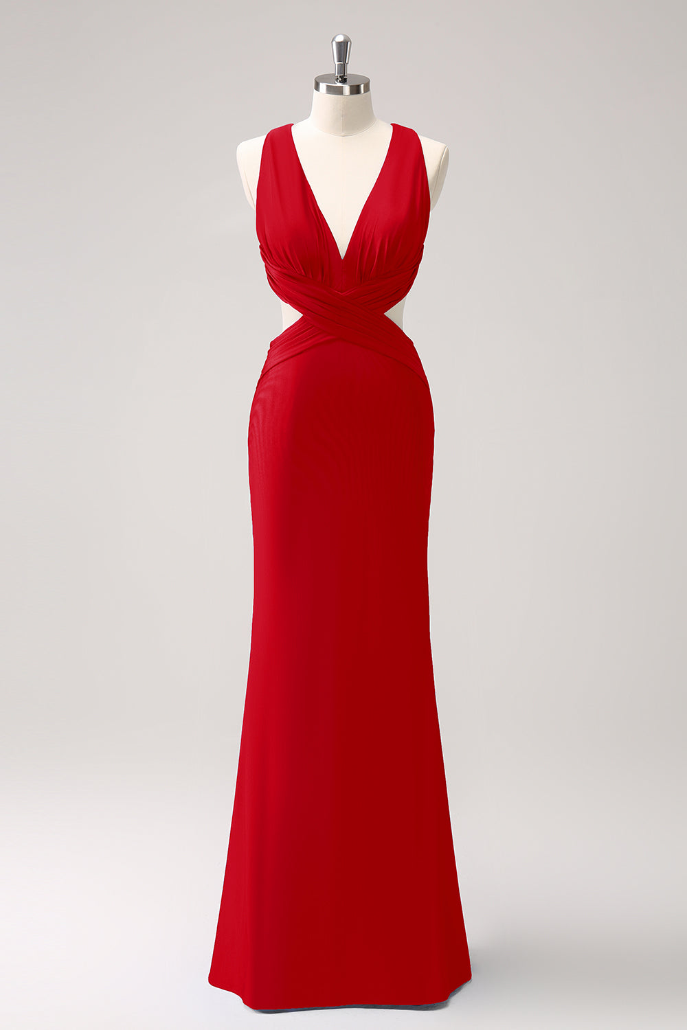 Vestido de dama de honor largo fruncido con cuello en V azul real