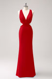 Vestido de dama de honor largo fruncido con cuello en V azul real
