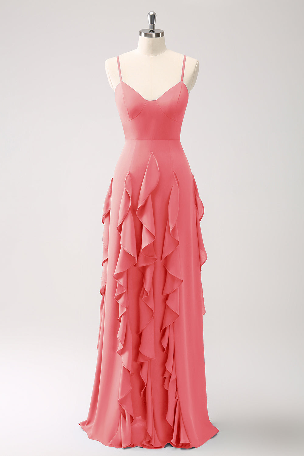Vestido de dama de honor con tirantes de espagueti Fucsia de línea A con volantes