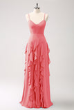 Vestido de dama de honor con tirantes de espagueti Fucsia de línea A con volantes