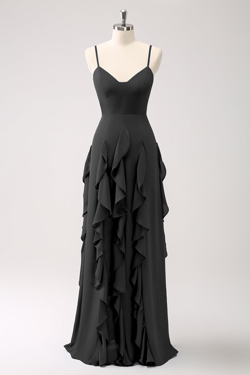 Vestido de dama de honor con tirantes de espagueti azul oscuro de línea A con volantes