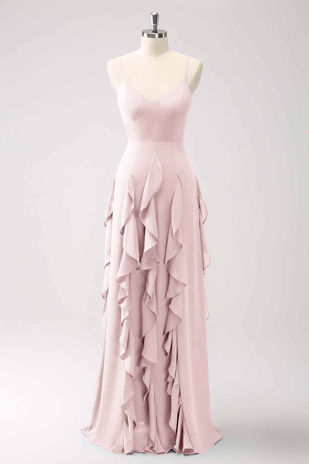 Vestido de dama de honor con tirantes de espagueti azul oscuro de línea A con volantes