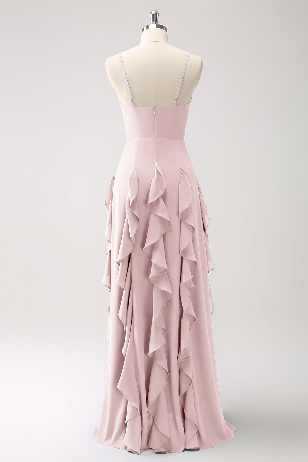 Vestido de dama de honor con tirantes de espagueti azul oscuro de línea A con volantes