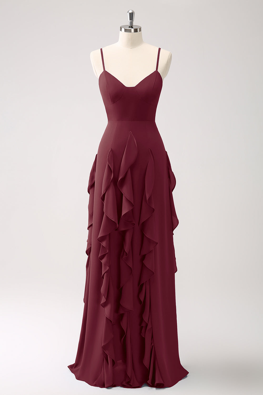 Vestido de dama de honor con tirantes de espagueti azul oscuro de línea A con volantes