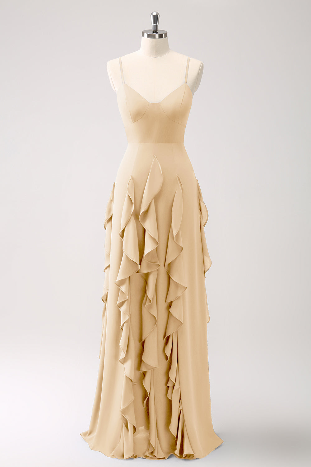 Vestido de dama de honor con tirantes de espagueti azul oscuro de línea A con volantes