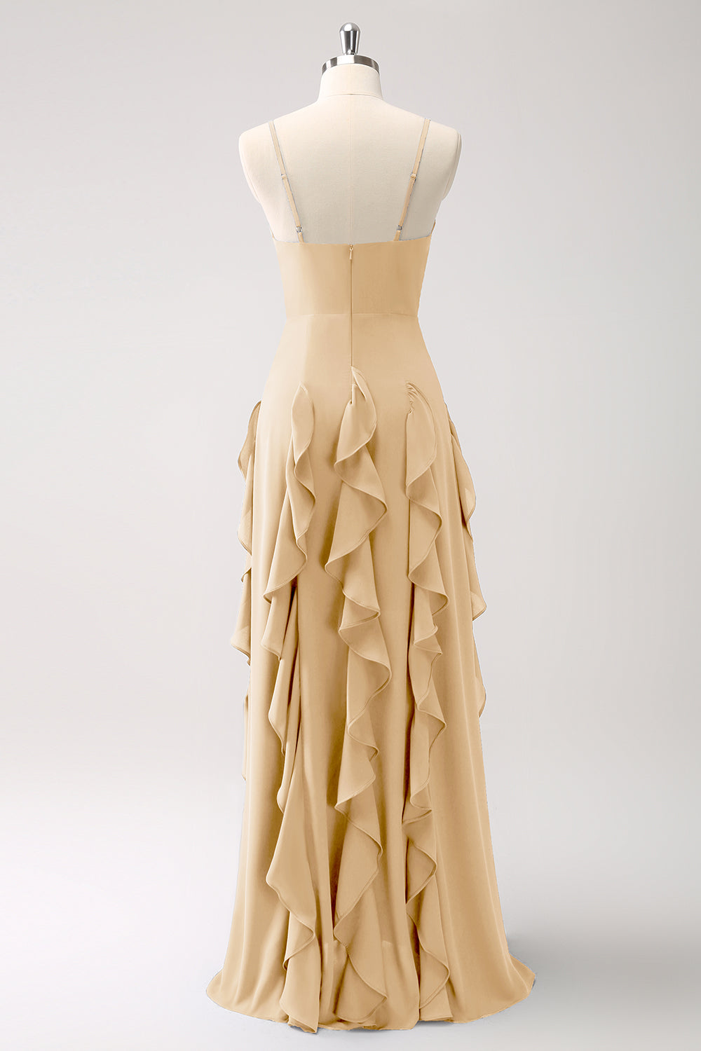 Vestido de dama de honor con tirantes de espagueti azul oscuro de línea A con volantes