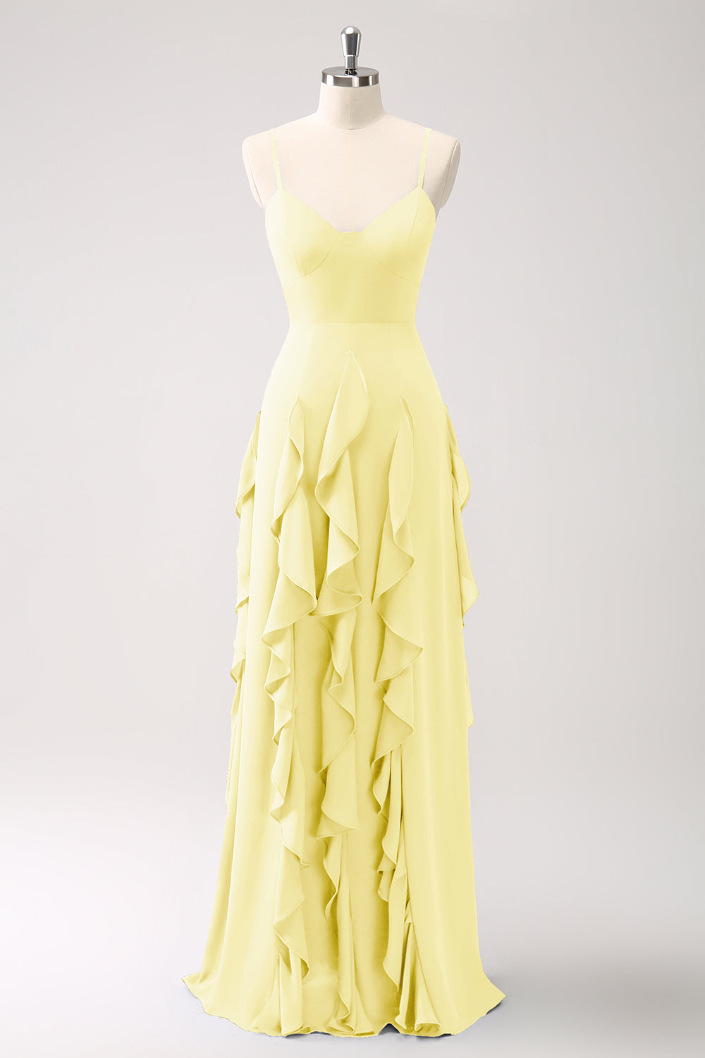 Vestido de dama de honor con tirantes de espagueti azul oscuro de línea A con volantes