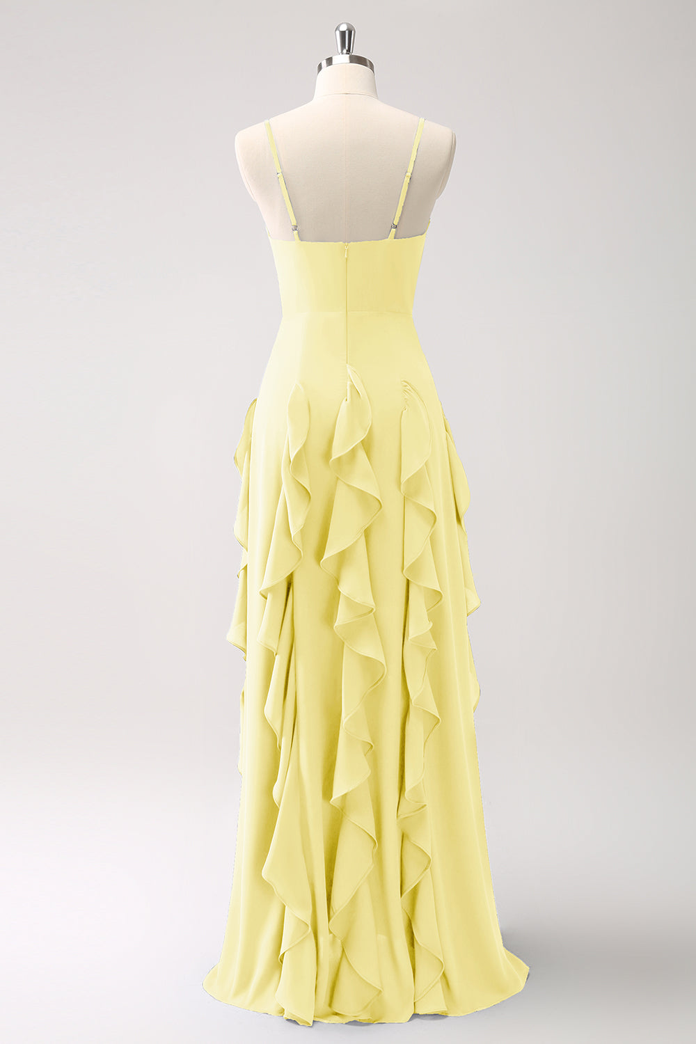 Vestido de dama de honor con tirantes de espagueti azul oscuro de línea A con volantes