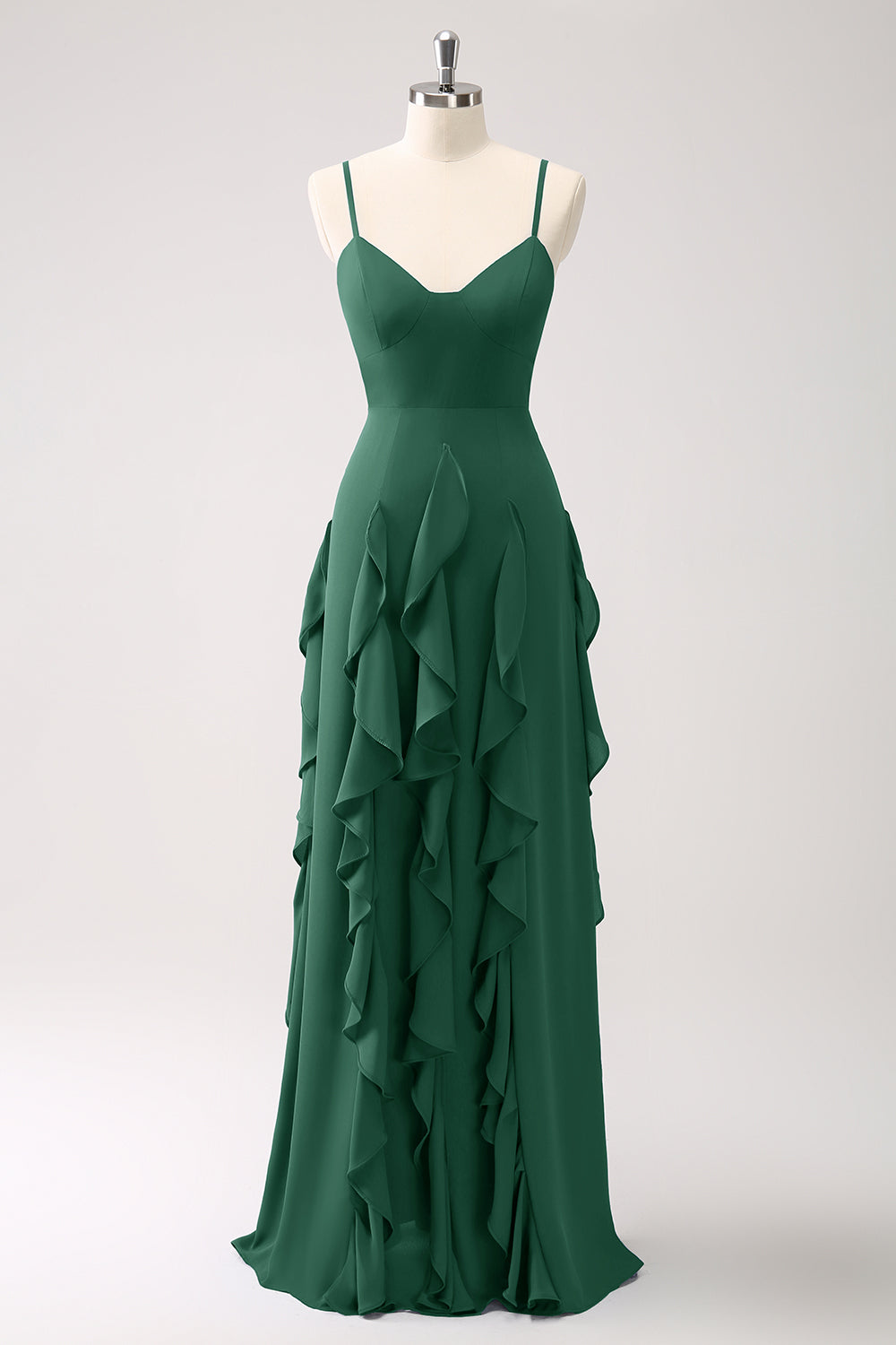 Vestido de dama de honor con tirantes de espagueti azul oscuro de línea A con volantes