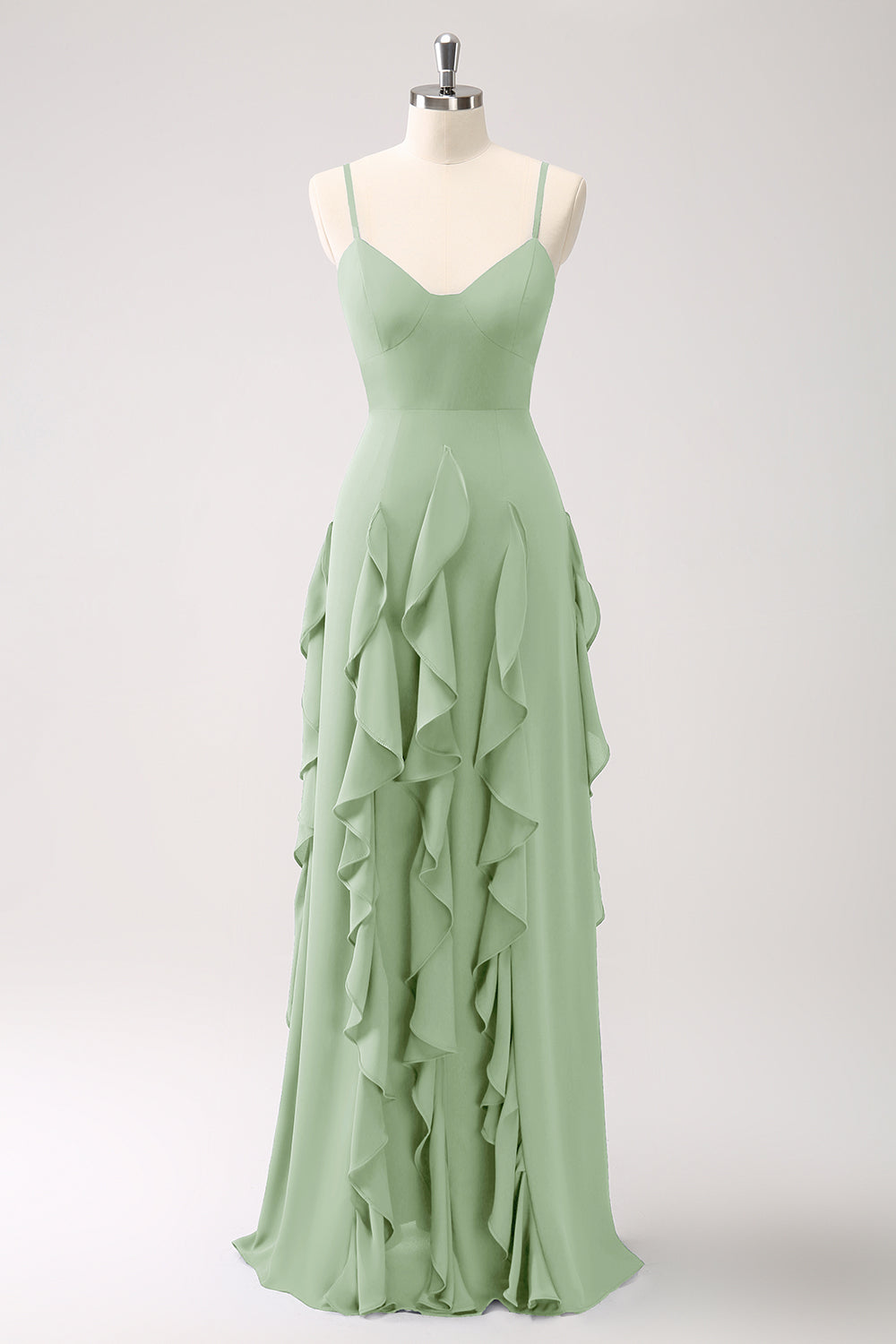 Vestido de dama de honor con tirantes de espagueti azul oscuro de línea A con volantes