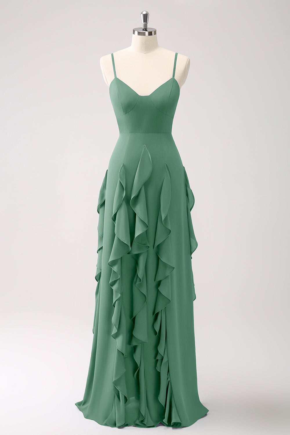 Vestido de dama de honor con tirantes de espagueti azul oscuro de línea A con volantes