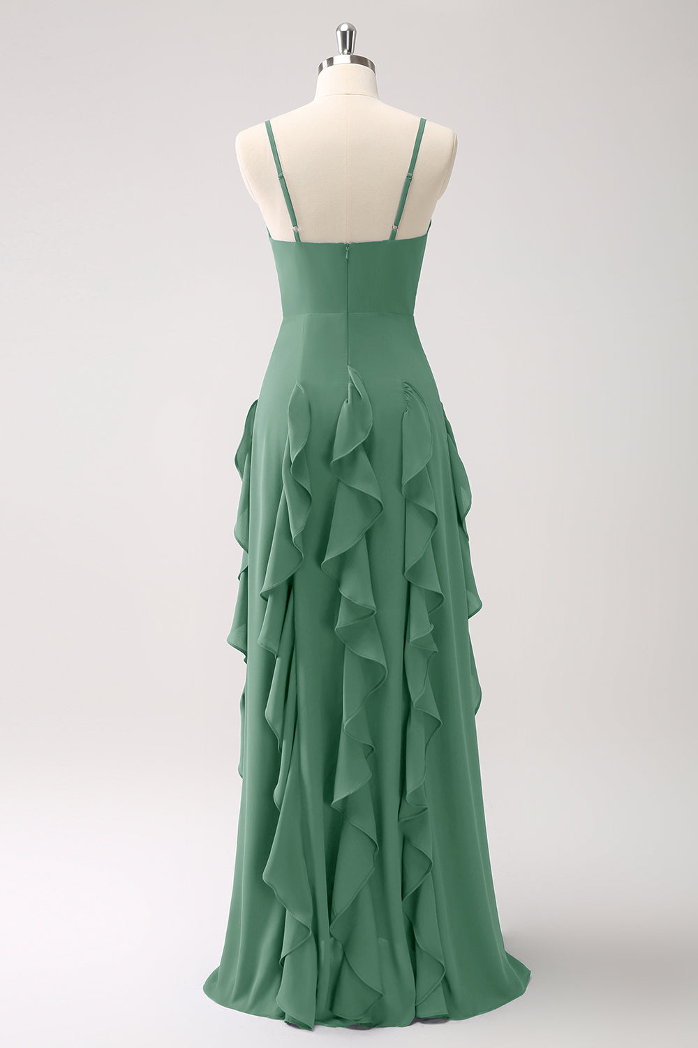 Vestido de dama de honor con tirantes de espagueti azul oscuro de línea A con volantes