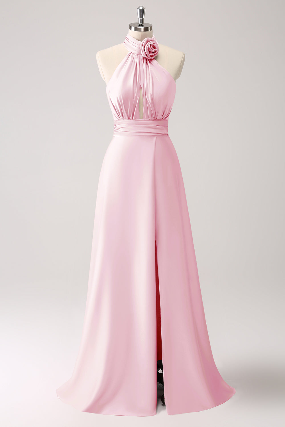 Vestido de dama de honor de satén de ojo de cerradura Eucalipto con abertura