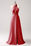 Vestido de dama de honor de satén de ojo de cerradura Eucalipto con abertura