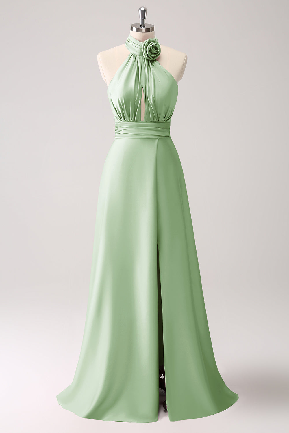 Vestido de dama de honor de satén de ojo de cerradura Eucalipto con abertura