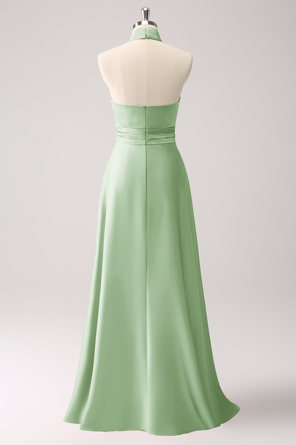 Vestido de dama de honor de satén de ojo de cerradura Eucalipto con abertura