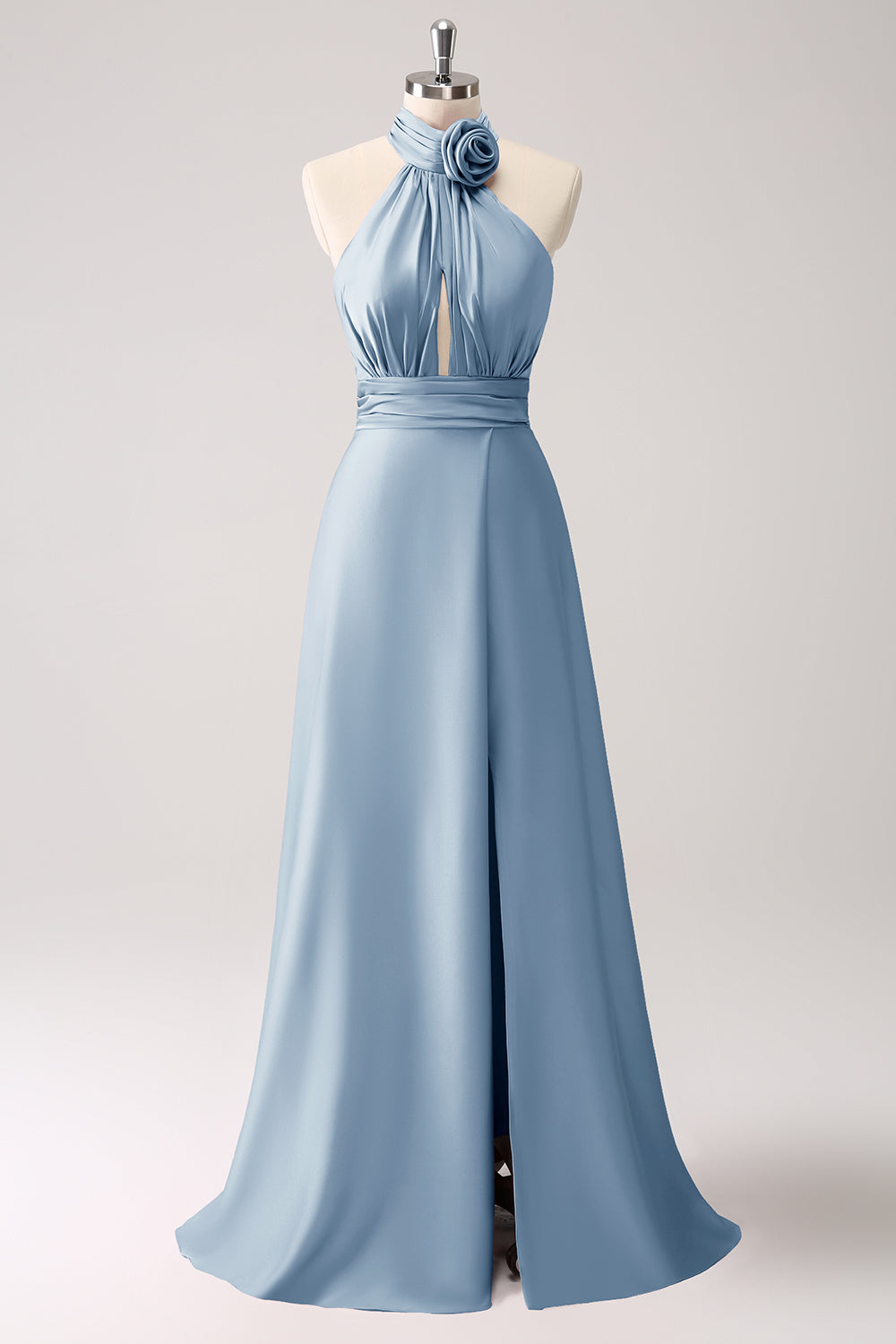Vestido de dama de honor de satén de ojo de cerradura Eucalipto con abertura