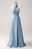 Vestido de dama de honor de satén de ojo de cerradura Eucalipto con abertura