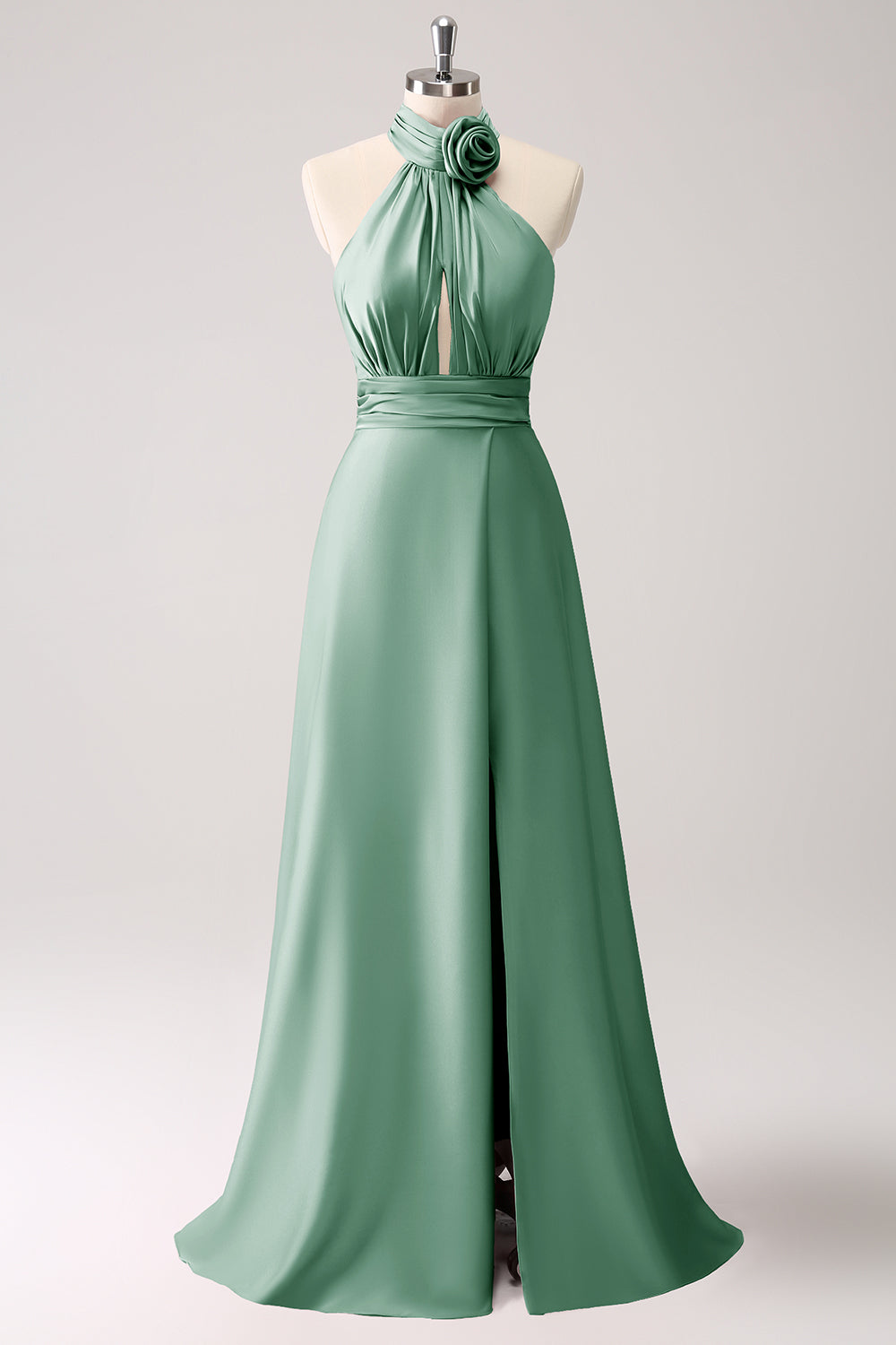 Vestido de dama de honor de satén de ojo de cerradura Eucalipto con abertura