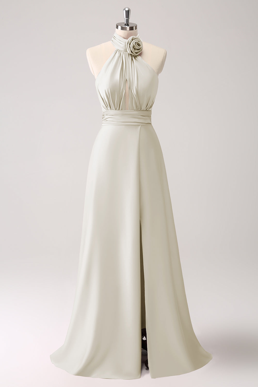 Vestido de dama de honor de satén de ojo de cerradura Eucalipto con abertura