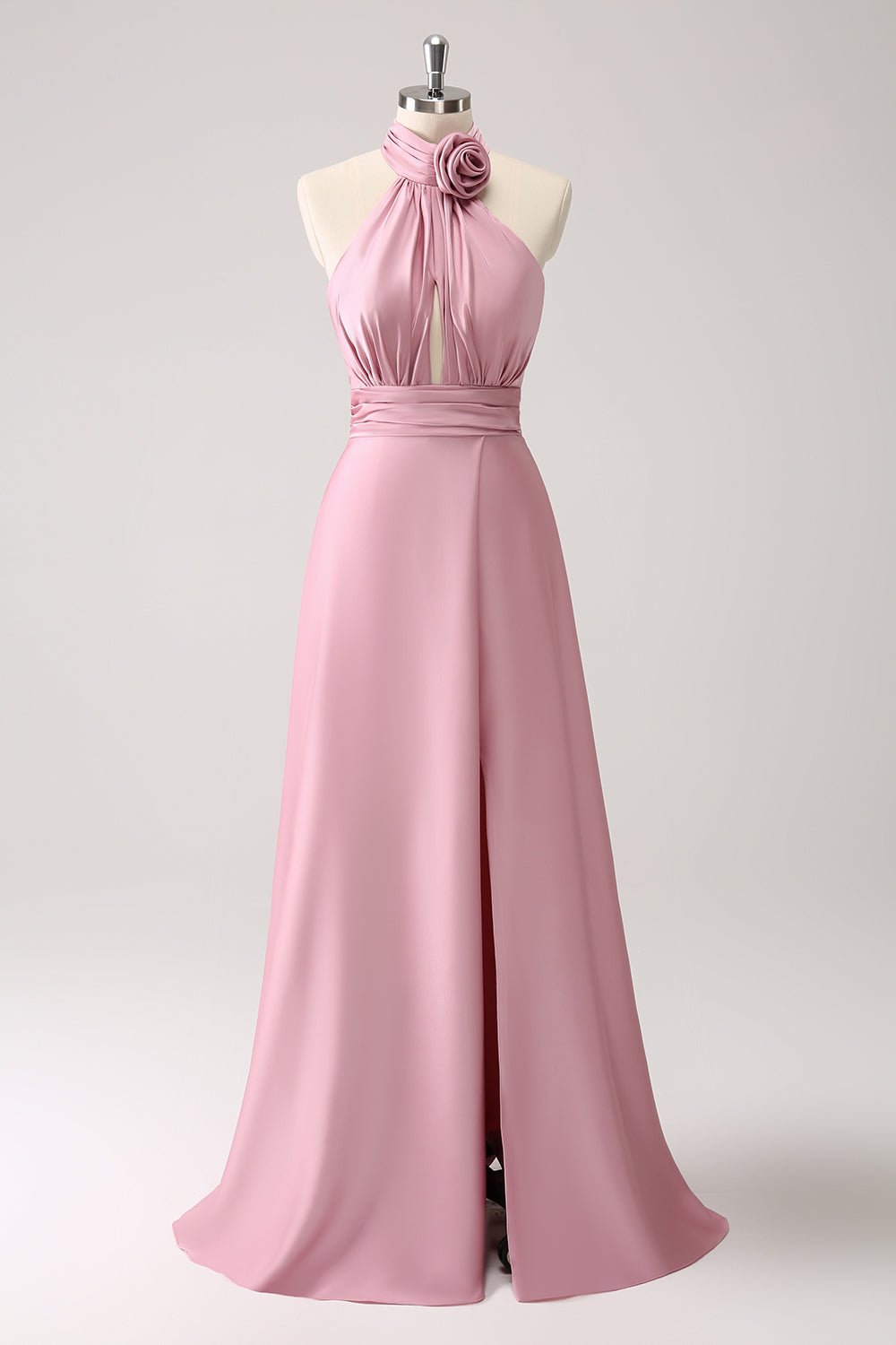 Vestido de dama de honor de satén de ojo de cerradura rosa con abertura