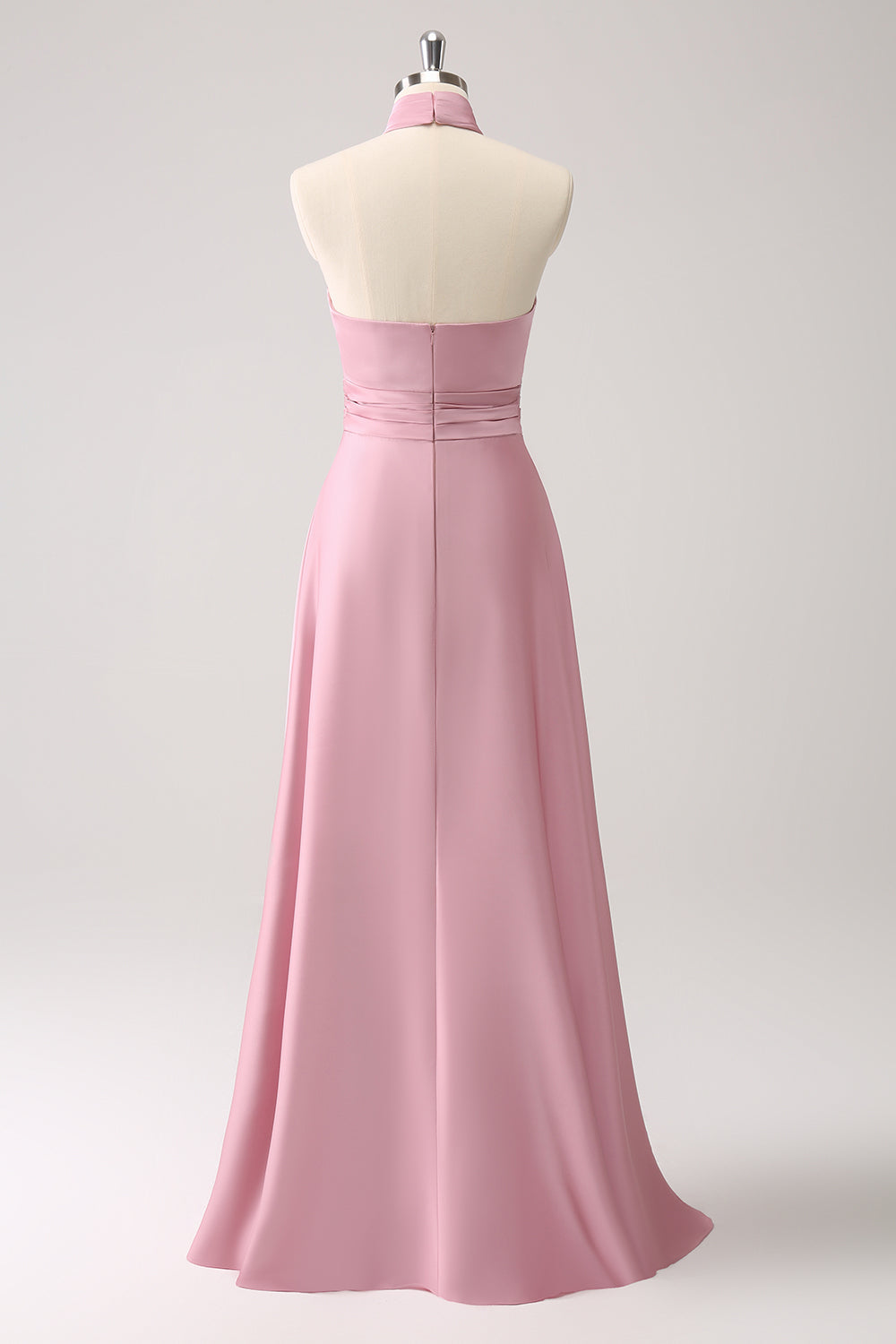 Vestido de dama de honor de satén de ojo de cerradura rosa con abertura