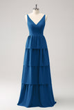 Vestido largo de dama de honor Azul Real con escote en V