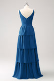 Vestido largo de dama de honor Azul Real con escote en V