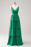 Vestido largo de dama de honor verde con escote en V