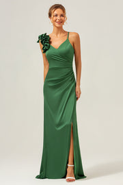 Vaina verde oliva vestido largo largo de satén plisado con abertura