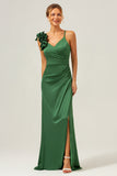 Vaina verde oliva vestido largo largo de satén plisado con abertura