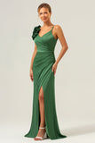 Vaina verde oliva vestido largo largo de satén plisado con abertura
