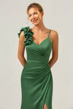 Vaina verde oliva vestido largo largo de satén plisado con abertura