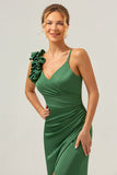 Vaina verde oliva vestido largo largo de satén plisado con abertura