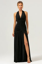 Vestido de dama de honor largo plisado sin espalda halter de sirena negro