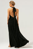 Vestido de dama de honor largo plisado sin espalda halter de sirena negro